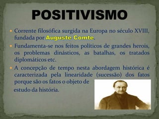  Corrente filosófica surgida na Europa no século XVIII,
fundada por .
 Fundamenta-se nos feitos políticos de grandes herois,
os problemas dinásticos, as batalhas, os tratados
diplomáticos etc.
 A concepção de tempo nesta abordagem histórica é
caracterizada pela linearidade (sucessão) dos fatos
porque são os fatos o objeto de
estudo da história.
 