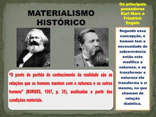 MATERIALISMO
HISTÓRICO
Segundo essa
concepção, o
homem tem a
necessidade de
sobrevivência
então este
modifica a
natureza, e ao
transformar a
natureza ele
transforma a si
mesmo, no que
chamam de
relação
dialética.
Os principais
pensadores
Karl Marx e
Friedrich
Engels
 