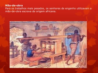 Mão-de-obra
Para os trabalhos mais pesados, os senhores de engenho utilizavam a
mão-de-obra escrava de origem africana.
 