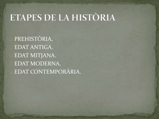 PREHISTÒRIA. 
EDAT ANTIGA. 
EDAT MITJANA. 
EDAT MODERNA. 
EDAT CONTEMPORÀRIA. 
 