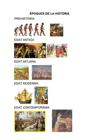 ÈPOQUES DE LA HISTÒRIA
PREHISTÒRIA
EDAT ANTIGA
EDAT MITJANA
EDAT MODERNA
EDAT CONTEMPORÀNIA
 