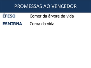 PROMESSAS AO VENCEDOR
ÉFESO Comer da árvore da vida
ESMIRNA Coroa da vida
 