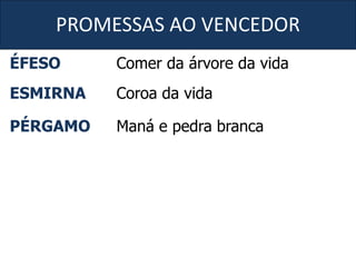 PROMESSAS AO VENCEDOR
ÉFESO Comer da árvore da vida
ESMIRNA Coroa da vida
PÉRGAMO Maná e pedra branca
 