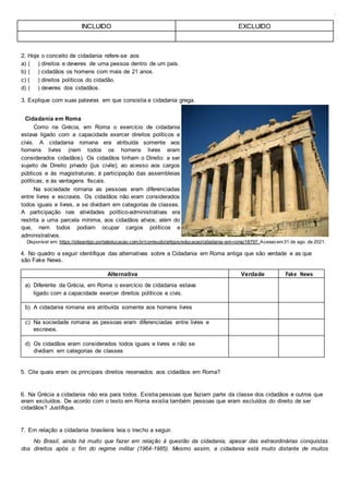 INCLUIDO EXCLUIDO
2. Hoje o conceito de cidadania refere-se aos
a) ( ) direitos e deveres de uma pessoa dentro de um país.
b) ( ) cidadãos os homens com mais de 21 anos.
c) ( ) direitos políticos do cidadão.
d) ( ) deveres dos cidadãos.
3. Explique com suas palavras em que consistia a cidadania grega.
Cidadania em Roma
Como na Grécia, em Roma o exercício de cidadania
estava ligado com a capacidade exercer direitos políticos e
civis. A cidadania romana era atribuída somente aos
homens livres (nem todos os homens livres eram
considerados cidadãos). Os cidadãos tinham o Direito: a ser
sujeito de Direito privado (jus civile); ao acesso aos cargos
públicos e às magistraturas; à participação das assembleias
políticas; e às vantagens fiscais.
Na sociedade romana as pessoas eram diferenciadas
entre livres e escravos. Os cidadãos não eram considerados
todos iguais e livres, e se dividiam em categorias de classes.
A participação nas atividades político-administrativas era
restrita a uma parcela mínima, aos cidadãos ativos; além do
que, nem todos podiam ocupar cargos políticos e
administrativos.
Disponível em: https://siteantigo.portaleducacao.com.br/conteudo/artigos/educacao/cidadania-em-roma/18797. Acesso em31 de ago. de 2021.
4. No quadro a seguir identifique das alternativas sobre a Cidadania em Roma antiga que são verdade e as que
são Fake News.
Alternativa Verdade Fake News
a) Diferente da Grécia, em Roma o exercício de cidadania estava
ligado com a capacidade exercer direitos políticos e civis.
b) A cidadania romana era atribuída somente aos homens livres
c) Na sociedade romana as pessoas eram diferenciadas entre livres e
escravos.
d) Os cidadãos eram considerados todos iguais e livres e não se
dividiam em categorias de classes
5. Cite quais eram os principais direitos reservados aos cidadãos em Roma?
6. Na Grécia a cidadania não era para todos. Existia pessoas que faziam parte da classe dos cidadãos e outros que
eram excluídos. De acordo com o texto em Roma existia também pessoas que eram excluídos do direito de ser
cidadãos? Justifique.
7. Em relação a cidadania brasileira leia o trecho a seguir.
No Brasil, ainda há muito que fazer em relação à questão da cidadania, apesar das extraordinárias conquistas
dos direitos após o fim do regime militar (1964-1985). Mesmo assim, a cidadania está muito distante de muitos
 