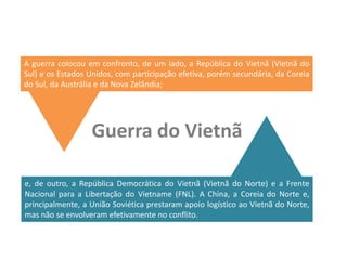 A guerra colocou em confronto, de um lado, a República do Vietnã (Vietnã do
Sul) e os Estados Unidos, com participação efetiva, porém secundária, da Coreia
do Sul, da Austrália e da Nova Zelândia;




                  Guerra do Vietnã

e, de outro, a República Democrática do Vietnã (Vietnã do Norte) e a Frente
Nacional para a Libertação do Vietname (FNL). A China, a Coreia do Norte e,
principalmente, a União Soviética prestaram apoio logístico ao Vietnã do Norte,
mas não se envolveram efetivamente no conflito.
 