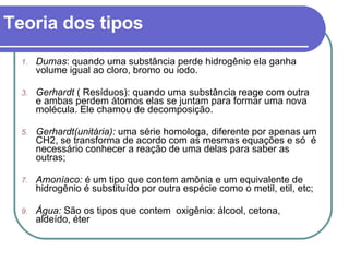 Teoria dos tipos Dumas : quando uma substância perde hidrogênio ela ganha volume igual ao cloro, bromo ou iodo. Gerhardt  ( Resíduos): quando uma substância reage com outra e ambas perdem átomos elas se juntam para formar uma nova molécula. Ele chamou de decomposição. Gerhardt(unitária):  uma série homologa, diferente por apenas um CH2, se transforma de acordo com as mesmas equações e só  é necessário conhecer a reação de uma delas para saber as outras; Amoníaco:  é um tipo que contem amônia e um equivalente de hidrogênio é substituído por outra espécie como o metil, etil, etc; Água:  São os tipos que contem  oxigênio: álcool, cetona, aldeído, éter 