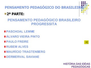 PENSAMENTO PEDAGÓGICO DO BRASILEIRO 2ª PARTE:  PENSAMENTO PEDAGÓGICO BRASILEIRO PROGRESSITA PASCHOAL LEMME ÁLVARO VIEIRA PINTO PAULO FREIRE RUBEM ALVES MAURÍCIO TRAGTENBERG DERMERVAL SAVIANE HISTÓRIA DAS IDÉIAS PEDAGÓGICAS 