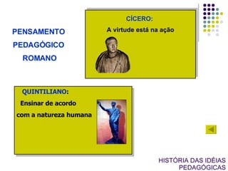 CÍCERO:   A virtude está na ação HISTÓRIA DAS IDÉIAS PEDAGÓGICAS QUINTILIANO : Ensinar de acordo  com a natureza humana PENSAMENTO  PEDAGÓGICO  ROMANO 