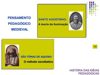 HISTÓRIA DAS IDÉIAS PEDAGÓGICAS PENSAMENTO  PEDAGÓGICO  MEDIEVAL SANTO AGOSTINHO:  A teoria da iluminação SÃO TÓMAZ DE AQUINO:   O método escolástico 