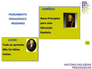 HISTÓRIA DAS IDÉIAS PEDAGÓGICAS PENSAMENTO  PEDAGÓGICO  MODERNO COMÊNIO:   Nove Princípios  para uma  Educação  Realista. LOCKE:   Tudo se aprende;  Não há idéias  inatas. 