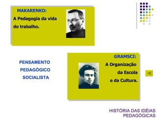 MAKARENKO:   A Pedagogia da vida  do trabalho. PENSAMENTO  PEDAGÓGICO SOCIALISTA GRAMSCI:   A Organização  da Escola e da Cultura. HISTÓRIA DAS IDÉIAS PEDAGÓGICAS 