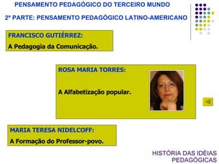 HISTÓRIA DAS IDÉIAS PEDAGÓGICAS PENSAMENTO PEDAGÓGICO DO TERCEIRO MUNDO 2ª PARTE: PENSAMENTO PEDAGÓGICO LATINO-AMERICANO ROSA MARIA TORRES: A Alfabetização popular. MARIA TERESA NIDELCOFF: A Formação do Professor-povo. FRANCISCO GUTIÉRREZ: A Pedagogia da Comunicação. 