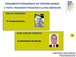 PENSAMENTO PEDAGÓGICO DO TERCEIRO MUNDO 2ª PARTE: PENSAMENTO PEDAGÓGICO LATINO-AMERICANO EMILIA FERREIRO: O Construtivismo. JUAN CARLOS TEDESCO: A autonomia da Escola. HISTÓRIA DAS IDÉIAS PEDAGÓGICAS 