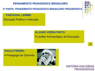 HISTÓRIA DAS IDÉIAS PEDAGÓGICAS PAULO FREIRE:  A Pedagogia do Oprimido. PENSAMENTO PEDAGÓGICO BRASILEIRO 2ª PARTE: PENSAMENTO PEDAGÓGICO BRASILEIRO PROGRESSITA PASCHOAL LEMME:  Educação Política x Instrução. ÁLVARO VIEIRA PINTO:  O caráter Antropológico da Educação. 
