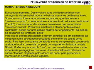 PENSAMENTO PEDAGÓGICO DO TERCEIRO MUNDO MARIA TERESA NIDELCOFF Educadora argentina. Desenvolveu suas atividades práticas com crinaças da classe trabalhadora no bairros operários de Buenos Aires. Sua obra visou formar educadores engajados, que denominava “professores-povo”, contrapondo-se à formação do educador tradicional (“neuto”) e ao educador das classes dominantes que denominava “professor-policial”. Procurava substitutir a atitude “policialesca e castradora” desde por uma atitude criativa de “engajamento” na cultura do educando do “professor-povo”. Para ela os professores podem e devem constituir-se em elementos da mudança numa sociedade preocupada em manter as coisas como estão. Para isso, a mudança de atitude e uma compreensão concreta da realidade local e da escola por parte do magistério são fundamentais. Nildelcoff afirma que a escola “real”, em que os estudantes vivem suas experiência pedagógicas concretas, é substancialmente diferente da escola “teórica” projetada pelos donos do poder para preservar e reproduzir as normas socais vigentes. HISTÓRIA DAS IDÉIAS PEDAGÓGICAS – Moacir Gadotti 
