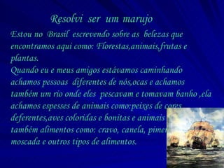 Estou no  Brasil  escrevendo sobre as  belezas que encontramos aqui como: Florestas,animais,frutas e plantas. Quando eu e meus amigos estávamos caminhando  achamos pessoas  diferentes de nós,ocas e achamos também um rio onde eles  pescavam e tomavam banho ,ela achamos espesses de animais como:peixes de cores deferentes,aves coloridas e bonitas e animais carnívoros  e também alimentos como: cravo, canela, pimenta, nós moscada e outros tipos de alimentos. Resolvi  ser  um   marujo 