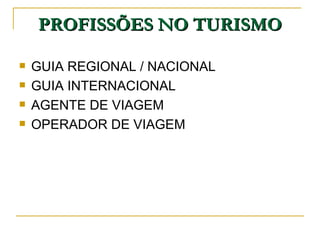 PROFISSÕES NO TURISMO GUIA REGIONAL / NACIONAL GUIA INTERNACIONAL AGENTE DE VIAGEM OPERADOR DE VIAGEM 