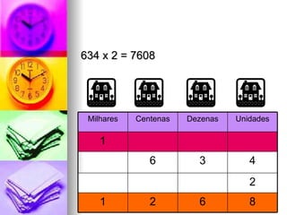 634 x 2 = 7608 2 8 6 2 1 4 3 6 1 Unidades Dezenas Centenas Milhares 