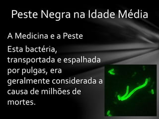 A Medicina e a Peste
Esta bactéria,
transportada e espalhada
por pulgas, era
geralmente considerada a
causa de milhões de
mortes.
Peste Negra na Idade Média
 