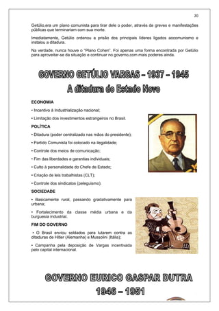 20
Getúlio,era um plano comunista para tirar dele o poder, através de greves e manifestações
públicas que terminariam com sua morte.
Imediatamente, Getúlio ordenou a prisão dos principais líderes ligados aocomunismo e
instalou a ditadura.
Na verdade, nunca houve o “Plano Cohen”. Foi apenas uma forma encontrada por Getúlio
para aproveitar-se da situação e continuar no governo,com mais poderes ainda.
ECONOMIA
• Incentivo à Industrialização nacional;
• Limitação dos investimentos estrangeiros no Brasil.
POLÍTICA
• Ditadura (poder centralizado nas mãos do presidente);
• Partido Comunista foi colocado na ilegalidade;
• Controle dos meios de comunicação;
• Fim das liberdades e garantias individuais;
• Culto à personalidade do Chefe de Estado;
• Criação de leis trabalhistas (CLT);
• Controle dos sindicatos (peleguismo).
SOCIEDADE
• Basicamente rural, passando gradativamente para
urbana;
• Fortalecimento da classe média urbana e da
burguesia industrial.
FIM DO GOVERNO
• O Brasil enviou soldados para lutarem contra as
ditaduras de Hitler (Alemanha) e Mussolini (Itália);
• Campanha pela deposição de Vargas incentivada
pelo capital internacional.
 