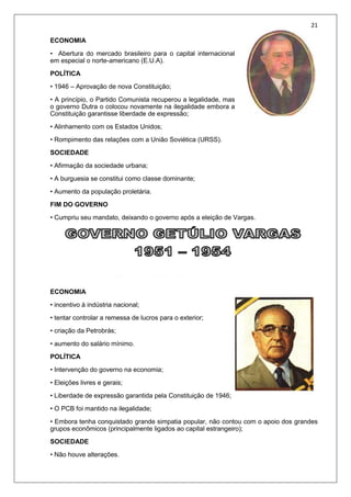 21
ECONOMIA
• Abertura do mercado brasileiro para o capital internacional
em especial o norte-americano (E.U.A).
POLÍTICA
• 1946 – Aprovação de nova Constituição;
• A princípio, o Partido Comunista recuperou a legalidade, mas
o governo Dutra o colocou novamente na ilegalidade embora a
Constituição garantisse liberdade de expressão;
• Alinhamento com os Estados Unidos;
• Rompimento das relações com a União Soviética (URSS).
SOCIEDADE
• Afirmação da sociedade urbana;
• A burguesia se constitui como classe dominante;
• Aumento da população proletária.
FIM DO GOVERNO
• Cumpriu seu mandato, deixando o governo após a eleição de Vargas.
ECONOMIA
• incentivo à indústria nacional;
• tentar controlar a remessa de lucros para o exterior;
• criação da Petrobrás;
• aumento do salário mínimo.
POLÍTICA
• Intervenção do governo na economia;
• Eleições livres e gerais;
• Liberdade de expressão garantida pela Constituição de 1946;
• O PCB foi mantido na ilegalidade;
• Embora tenha conquistado grande simpatia popular, não contou com o apoio dos grandes
grupos econômicos (principalmente ligados ao capital estrangeiro);
SOCIEDADE
• Não houve alterações.
 