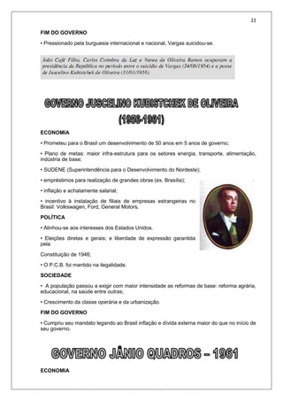 22
FIM DO GOVERNO
• Pressionado pela burguesia internacional e nacional, Vargas suicidou-se.
ECONOMIA
• Prometeu para o Brasil um desenvolvimento de 50 anos em 5 anos de governo;
• Plano de metas: maior infra-estrutura para os setores energia, transporte, alimentação,
indústria de base;
• SUDENE (Superintendência para o Desenvolvimento do Nordeste);
• empréstimos para realização de grandes obras (ex. Brasília);
• inflação e achatamente salarial;
• incentivo à instalação de filiais de empresas estrangeiras no
Brasil: Volkswagen, Ford, General Motors.
POLÍTICA
• Alinhou-se aos interesses dos Estados Unidos.
• Eleições diretas e gerais; e liberdade de expressão garantida
pela
Constituição de 1946;
• O P.C.B. foi mantido na ilegalidade.
SOCIEDADE
• A população passou a exigir com maior intensidade as reformas de base: reforma agrária,
educacional, na saúde entre outras;
• Crescimento da classe operária e da urbanização.
FIM DO GOVERNO
• Cumpriu seu mandato legando ao Brasil inflação e dívida externa maior do que no início de
seu governo.
ECONOMIA
 