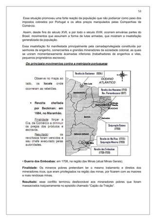 53
Essa situação promoveu uma forte reação da população que não podiarcar como peso dos
impostos cobrados por Portugal e os altos preços manipulados pelas Companhias de
Comércio.
Assim, desde fins do século XVII, e por todo o século XVIII, ocorrem emvárias partes do
Brasil, movimentos que assumem a forma de lutas armadas, que mostram a insatisfação
generalizada da população.
Essa insatisfação foi manifestada principalmente pela camadaprivilegiada constituída por
senhores de engenho, comerciantes e grandes mineradores da sociedade colonial, as quais
se uniram momentaneamente àcamadas inferiores (trabalhadores de engenhos e vilas,
pequenos proprietários escravos).
• Guerra dos Emboabas: em 1708, na região das Minas (atual Minas Gerais).
Finalidade: Os mineiros pobres pretendiam ter o mesmo tratamento e direitos dos
mineradores ricos, que eram privilegiados na região das minas, por ficarem com as maiores
e mais rendosas minas.
Resultado: esse conflito terminou desfavorável aos mineradores pobres que foram
massacrados traiçoeiramente no episódio chamado “Capão da Traição”.
 