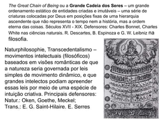 The Great Chain of Being ou a Grande Cadeia dos Seres – um grande
ordenamento estático de entidades criadas e imutáveis – uma série de
criaturas colocadas por Deus em posições fixas de uma hierarquia
ascendente que não representa o tempo nem a história, mas a ordem
eterna das coisas. Séculos XVII - XIX. Defensores: Charles Bonnet, Charles
White nas ciências naturais. R. Descartes, B. Espinoza e G. W. Leibniz na
filosofia.
Naturphilosophie, Transcedentalismo –
movimentos intelectuais (filosóficos)
baseados em visões românticas de que
a natureza seria governada por leis
simples de movimento dinâmico, e que
grandes intelectos podiam apreender
essas leis por meio de uma espécie de
intuição criativa. Principais defensores:
Natur.: Oken, Goethe, Meckel;
Trans.: E. G. Saint-Hilaire. E. Serres
 