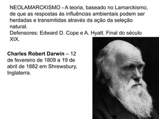 NEOLAMARCKISMO - A teoria, baseado no Lamarckismo,
de que as respostas às influências ambientais podem ser
herdadas e transmitidas através da ação da seleção
natural.
Defensores: Edward D. Cope e A. Hyatt. Final do século
XIX.
Charles Robert Darwin – 12
de fevereiro de 1809 a 19 de
abril de 1882 em Shrewsbury,
Inglaterra.
 