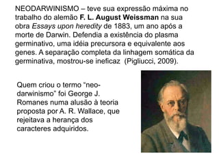 NEODARWINISMO – teve sua expressão máxima no
trabalho do alemão F. L. August Weissman na sua
obra Essays upon heredity de 1883, um ano após a
morte de Darwin. Defendia a existência do plasma
germinativo, uma idéia precursora e equivalente aos
genes. A separação completa da linhagem somática da
germinativa, mostrou-se ineficaz (Pigliucci, 2009).
Quem criou o termo “neo-
darwinismo” foi George J.
Romanes numa alusão à teoria
proposta por A. R. Wallace, que
rejeitava a herança dos
caracteres adquiridos.
 
