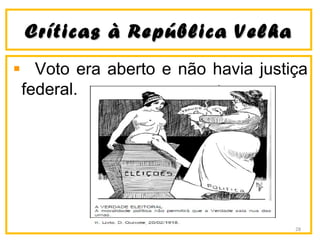 Críticas à República VelhaCríticas à República Velha
Voto era aberto e não havia justiça
federal.
28
 