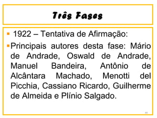 Três FasesTrês Fases
1922 – Tentativa de Afirmação:
Principais autores desta fase: Mário
de Andrade, Oswald de Andrade,
Manuel Bandeira, Antônio de
Alcântara Machado, Menotti del
Picchia, Cassiano Ricardo, Guilherme
de Almeida e Plínio Salgado.
44
 
