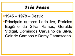 Três FasesTrês Fases
1945 – 1978 – Desvio:
Principais autores Ledo Ivo, Péricles
Eugênio da Silva Ramos, Geraldo
Vidigal, Domingos Carvalho da Silva,
Geir de Campos e Darcy Damasceno.
46
 
