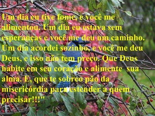 Um dia eu tive fome, e você me alimentou. Um dia eu estava sem  esperanças e você me deu um caminho. Um dia acordei sozinho, e você me deu Deus, e isso não tem preço. Que Deus habite em seu coração e alimente  sua alma. E, que te sobreo pão da misericórdia para estender a quem precisar!!!" 