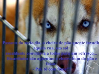 Passava do meio dia, o cheiro de pão quente invadia aquela rua, um sol  escaldante convidava a todos para um refresco...  Ricardinho não agüentou o cheiro bom do pão e falou:  - Pai, tô com fome!!! 