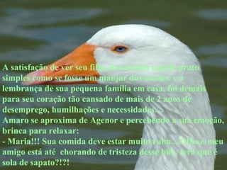 A satisfação de ver seu filho devorando aquele prato simples como se fosse um manjar dos deuses, e a lembrança de sua pequena família em casa, foi demais para seu coração tão cansado de mais de 2 anos de desemprego, humilhações e necessidades.... Amaro se aproxima de Agenor e percebendo a sua emoção, brinca para relaxar: - Maria!!! Sua comida deve estar muito ruim... Olha o meu amigo está até  chorando de tristeza desse bife, será que é sola de sapato?!?! 
