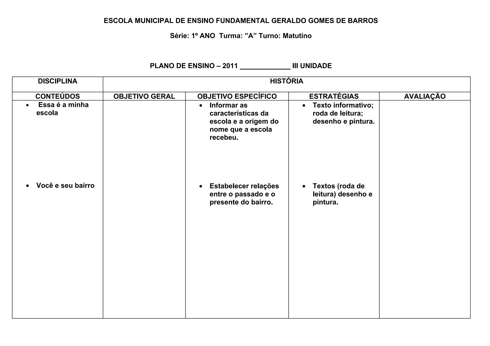 ESCOLA MUNICIPAL DE ENSINO FUNDAMENTAL GERALDO GOMES DE BARROS

                                       Série: 1º ANO Turma: ”A” Turno: Matutino



                                  PLANO DE ENSINO – 2011 _____________ III UNIDADE

    DISCIPLINA                                                      HISTÓRIA

  CONTEÚDOS               OBJETIVO GERAL      OBJETIVO ESPECÍFICO             ESTRATÉGIAS              AVALIAÇÃO
• Essa é a minha                              • Informar as                 • Texto informativo;
  escola                                        características da             roda de leitura;
                                                escola e a origem do           desenho e pintura.
                                                nome que a escola
                                                recebeu.




•   Você e seu bairro                          •   Estabelecer relações     •     Textos (roda de
                                                   entre o passado e o            leitura) desenho e
                                                   presente do bairro.            pintura.
 