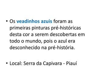 • Os veadinhos azuis foram as
primeiras pinturas pré-históricas
desta cor a serem descobertas em
todo o mundo, pois o azul era
desconhecido na pré-história.
• Local: Serra da Capivara - Piauí
 