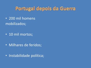 • 200 mil homens
mobilizados;
• 10 mil mortos;
• Milhares de feridos;
• Instabilidade política;
 
