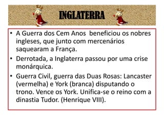 INGLATERRAA Guerra dos Cem Anos beneficiou os nobres ingleses, que junto com mercenários saquearam a França.Derrotada, a Inglaterra passou por uma crise monárquica.Guerra Civil, guerra das Duas Rosas: Lancaster (vermelha) e York (branca) disputando o trono. Vence os York. Unifica-se o reino com a dinastia Tudor. (Henrique VIII).