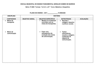 ESCOLA MUNICIPAL DE ENSINO FUNDAMENTAL GERALDO GOMES DE BARROS

                       Série: 2º ANO Turmas: “A, B, C, e D” Turno: Matutino e Vespertino



                             PLANO DE ENSINO – 2011 _____________ II UNIDADE

    DISCIPLINA                                                 HISTÓRIA

  CONTEÚDOS         OBJETIVO GERAL        OBJETIVO ESPECÍFICO             ESTRATÉGIAS             AVALIAÇÃO
• Meios de                                 • Mostrar as mudanças         • Recorte e
  transporte                                 ocorridas com os              colagem; desenho
                                             meios de transportes.         e pintura; sucata.




•   Meios de                               •   Fazer uma                 •   Textos
    comunicação                                retrospectiva da              informativos;
                                               evolução dos meios            recorte e colagem;
                                               de comunicação.               confecção de
                                                                             objetos de
                                                                             comunicação.
 