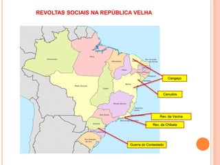 Canudos
Cangaço
Rev. da Vacina
Rev. da Chibata
Guerra do Contestado
REVOLTAS SOCIAIS NA REPÚBLICA VELHA
 