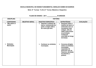 ESCOLA MUNICIPAL DE ENSINO FUNDAMENTAL GERALDO GOMES DE BARROS

                         Série: 2ª Turmas: “A, B e C” Turnos: Matutino e Vespertino



                           PLANO DE ENSINO – 2011 _____________ III UNIDADE

    DISCIPLINA                                                HISTÓRIA

  CONTEÚDOS        OBJETIVO GERAL        OBJETIVO ESPECÍFICO              ESTRATÉGIAS             AVALIAÇÃO
• Meu bairro é                           • Valorizar a história do      • Pesquisa sobre a
  assim                                    bairro, conhecendo de           história do bairro e
                                           perto a origem dele o           entrevista com os
                                           do nome que tem.                moradores mais
                                                                           antigos, afim de
                                                                           saber quais foram
                                                                           as principais
                                                                           mudanças
                                                                           ocorridas ao longo
                                                                           do tempo.



•   Símbolos                             •   Conhecer os símbolos       •   Conversa dirigida
    Municipais                               municipais.                    sobre os símbolos
                                                                            municipais,
                                                                            exposição de
                                                                            gravuras com os
                                                                            mesmos, atividade
                                                                            de desenho e
                                                                            pintura.
 