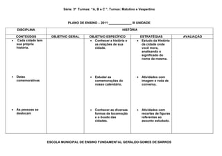 Série: 3ª Turmas: “A, B e C ”. Turnos: Matutino e Vespertino



                              PLANO DE ENSINO – 2011 _____________ III UNIDADE

    DISCIPLINA                                                    HISTÓRIA

  CONTEÚDOS           OBJETIVO GERAL         OBJETIVO ESPECÍFICO              ESTRATÉGIAS             AVALIAÇÃO
• Cada cidade tem                            • Conhecer a história e        • Estudo da História
  sua própria                                  as relações de sua              da cidade onde
  história.                                    cidade.                         você mora,
                                                                               analisando o
                                                                               significado do
                                                                               nome da mesma.




•   Datas                                    •   Estudar as                 •   Atividades com
    comemorativas                                comemorações do                imagem e roda de
                                                 nosso calendário.              conversa.




•   As pessoas se                            •   Conhecer as diversas       •   Atividades com
    deslocam                                     formas de locomoção            recortes de figuras
                                                 e o êxodo das                  referentes ao
                                                 cidades.                       assunto estudado.




                    ESCOLA MUNICIPAL DE ENSINO FUNDAMENTAL GERALDO GOMES DE BARROS
 