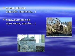  novas palavrasnovas palavras
(algodão, algarismo,...)(algodão, algarismo,...)
 aproveitamento daaproveitamento da
água (nora, azenha,...)água (nora, azenha,...)
 