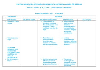 ESCOLA MUNICIPAL DE ENSINO FUNDAMENTAL GERALDO GOMES DE BARROS
                           Série: 4ª Turmas: “A, B, C, D e E”. Turnos: Matutino e Vespertino



                                       PLANO DE ENSINO – 2011 - II UNIDADE

    DISCIPLINA                                                       HISTÓRIA

    CONTEÚDOS          OBJETIVO GERAL         OBJETIVO ESPECÍFICO                 ESTRATÉGIAS            AVALIAÇÃO
•   Uma terra e dois                           • Compreender os               •    Exploração de
    povos                                        primeiros contatos                texto no livro
                                                 dos portugueses com               didático;
                                                 os índios e a sua                 promover leitura
                                                 realidade nos dias de             compartilhada;
                                                 hoje.                             conversa dirigida;
                                                                                   estudo do
                                                                                   vocabulário.


•   Ser escravo ou                             •   Reconhecer os              •    Leitura
    fugir                                          principais fatos                compartilhada;
                                                   ocorridos que                   dialogo e reflexão;
                                                   levaram os índios a             atividades do livro
                                                   ser escravos ou fugir.          didático.

    DA TERRA
    BRASILIS AOS
    ENGENHOS
    COLONIAIS: UMA
    HISTÓRIA DE
    LUTA E
    RESISTENCIA.
•   Da África para o                           •   Verificar as variadas      •    Pesquisas;
    Brasil                                         diferenças físicas              exploração do
                                                   existentes entre os             conteúdo no livro
                                                   grupos de africanos.            didático; debate;
                                                                                   atividades
 