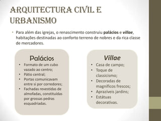 Arquitectura Civil e
Urbanismo
• Para além das igrejas, o renascimento construiu palácios e villae,
  habitações destinadas ao conforto terreno de nobres e da rica classe
  de mercadores.


         Palácios                                 Villae
   • Formato de um cubo                    • Casa de campo;
     vazado ao centro;                     • Toque de
   • Pátio central;                          classicismo;
   • Portas comunicavam                    • Decoradas de
     entre si por corredores;
                                             magníficos frescos;
   • Fachadas revestidas de
     almofadas, constituídas               • Aprazíveis jardins;
     por grossas pedras                    • Estátuas
     esquadriadas.                           decorativas.
 