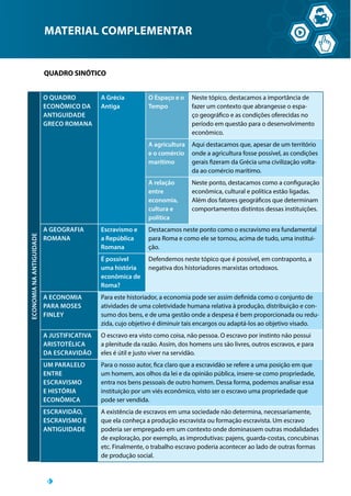 MATERIAL COMPLEMENTAR
QUADRO SINÓTICO
ECONOMIA
NA
ANTIGUIDADE
O QUADRO
ECONÔMICO DA
ANTIGUIDADE
GRECO ROMANA
A Grécia
Antiga
O Espaço e o
Tempo
Neste tópico, destacamos a importância de
fazer um contexto que abrangesse o espa-
ço geográfico e as condições oferecidas no
período em questão para o desenvolvimento
econômico.
A agricultura
e o comércio
marítimo
Aqui destacamos que, apesar de um território
onde a agricultura fosse possível, as condições
gerais fizeram da Grécia uma civilização volta-
da ao comércio marítimo.
A relação
entre
economia,
cultura e
política
Neste ponto, destacamos como a configuração
econômica, cultural e política estão ligadas.
Além dos fatores geográficos que determinam
comportamentos distintos dessas instituições.
A GEOGRAFIA
ROMANA
Escravismo e
a República
Romana
Destacamos neste ponto como o escravismo era fundamental
para Roma e como ele se tornou, acima de tudo, uma institui-
ção.
É possível
uma história
econômica de
Roma?
Defendemos neste tópico que é possível, em contraponto, a
negativa dos historiadores marxistas ortodoxos.
A ECONOMIA
PARA MOSES
FINLEY
Para este historiador, a economia pode ser assim definida como o conjunto de
atividades de uma coletividade humana relativa à produção, distribuição e con-
sumo dos bens, e de uma gestão onde a despesa é bem proporcionada ou redu-
zida, cujo objetivo é diminuir tais encargos ou adaptá-los ao objetivo visado.
A JUSTIFICATIVA
ARISTOTÉLICA
DA ESCRAVIDÃO
O escravo era visto como coisa, não pessoa. O escravo por instinto não possui
a plenitude da razão. Assim, dos homens uns são livres, outros escravos, e para
eles é útil e justo viver na servidão.
UM PARALELO
ENTRE
ESCRAVISMO
E HISTÓRIA
ECONÔMICA
Para o nosso autor, fica claro que a escravidão se refere a uma posição em que
um homem, aos olhos da lei e da opinião pública, insere-se como propriedade,
entra nos bens pessoais de outro homem. Dessa forma, podemos analisar essa
instituição por um viés econômico, visto ser o escravo uma propriedade que
pode ser vendida.
ESCRAVIDÃO,
ESCRAVISMO E
ANTIGUIDADE
A existência de escravos em uma sociedade não determina, necessariamente,
que ela conheça a produção escravista ou formação escravista. Um escravo
poderia ser empregado em um contexto onde dominassem outras modalidades
de exploração, por exemplo, as improdutivas: pajens, guarda-costas, concubinas
etc. Finalmente, o trabalho escravo poderia acontecer ao lado de outras formas
de produção social.
 