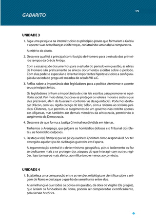 GABARITO
179
UNIDADE 3
1.	Faça uma pesquisa na internet sobre os principais povos que formaram a Grécia
e aponte suas semelhanças e diferenças, construindo uma tabela comparativa.
A critério do aluno.
2.	Descreva qual foi a principal contribuição de Homero para o estudo dos primei-
ros tempos da Grécia Antiga.
Com a escassez de documentos para o estudo do período em questão, as obras
de Homero são praticamente os únicos documentos escritos sobre o período.
Com elas pode se especular e levantar importantes hipóteses sobre a configura-
ção da sociedade grega até meados do século VIII a.C.
3.	Reflita sobre a importância dos legisladores para a política Ateniense e aponte
seus principais feitos.
Os legisladores tinham a importância de criar leis escritas para promover o equi-
líbrio social. Por meio delas, buscava-se proteger os valores morais e sociais que
eles prezavam, além de buscarem contornar as desigualdades. Podemos desta-
car Drácon, com seu rígido código de leis; Sólon, com a reforma ao sistema jurí-
dico; Clístenes, que permitiu o surgimento de um governo não restrito apenas
aos oligarcas, mas também aos demais membros da aristocracia, permitindo o
surgimento da Democracia.
4.	Descreva de que forma a Justiça Criminal era dividida em Atenas.
Tínhamos o Areópago, que julgava os homicídios dolosos e o Tribunal dos Efe-
tas, os homicídiosculposos.
5.	Destaque o(s) fator(es) que os pesquisadores apontam como responsável por ter
emergido aquele tipo de civilização guerreira em Esparta.
A argumentação central é o determinismo geográfico, pois o isolamento os fez
se dedicarem mais a se proteger dos ataques do que interagir com outras regi-
ões. Isso tornou-os mais afeitos ao militarismo e menos ao comércio.
UNIDADE 4
1.	Estabeleça uma comparação entre as versões mitológica e científica sobre a ori-
gem de Roma e destaque o que há de semelhante entre elas.
A semelhança é que todos os povos em questão, da obra de Virgílio (Os gregos),
que seriam os fundadores de Roma, podem ser comprovados cientificamente,
pela versão histórica.
 