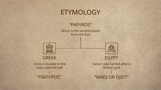 Venus is the second planet
from the Sun
“PAPYROS”
Ceres is located in the
main asteroid belt
GREEK
Saturn was named after a
Roman god
EGYPT
“ΠΆΠΥΡΟΣ” “WADJ OR DJIET”
ETYMOLOGY
 